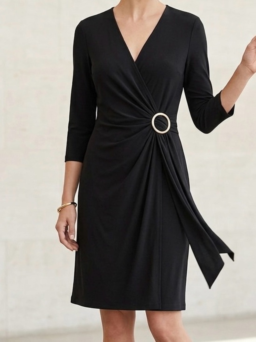 Calvin Klein Black Faux-Wrap Dress with Gold Ring Waist Accent